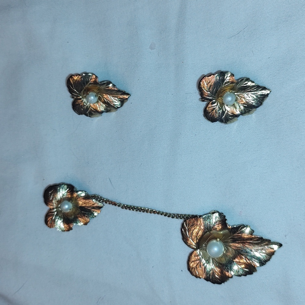 Vintage Sarah Coventry Chit Chat Leaf Chatelaine Pin Brooch & Clip on Earrings